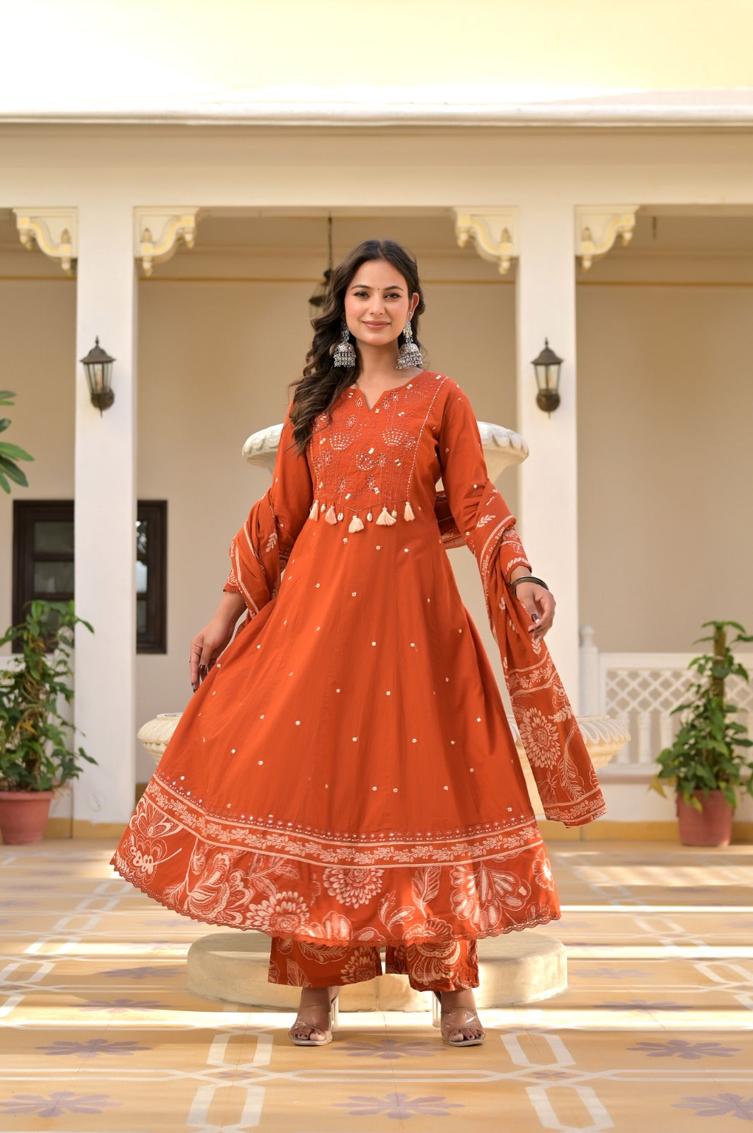Gindly Elegant Rust Printed Anarkali Suit Set for Women