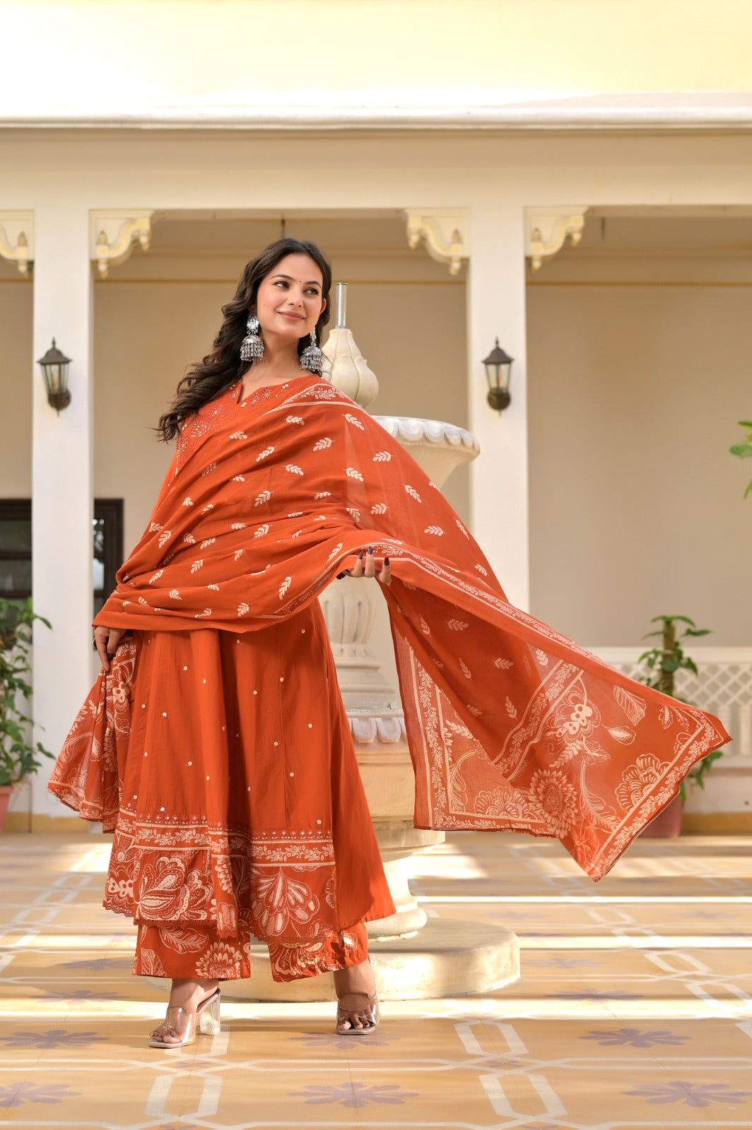 Gindly Elegant Rust Printed Anarkali Suit Set for Women
