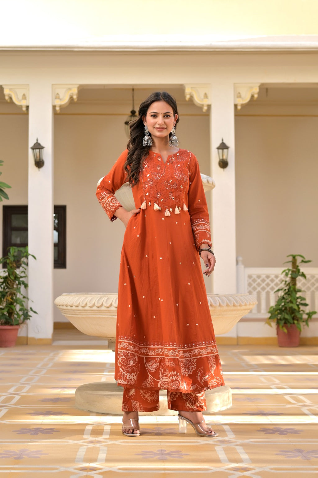 Gindly Elegant Rust Printed Anarkali Suit Set for Women