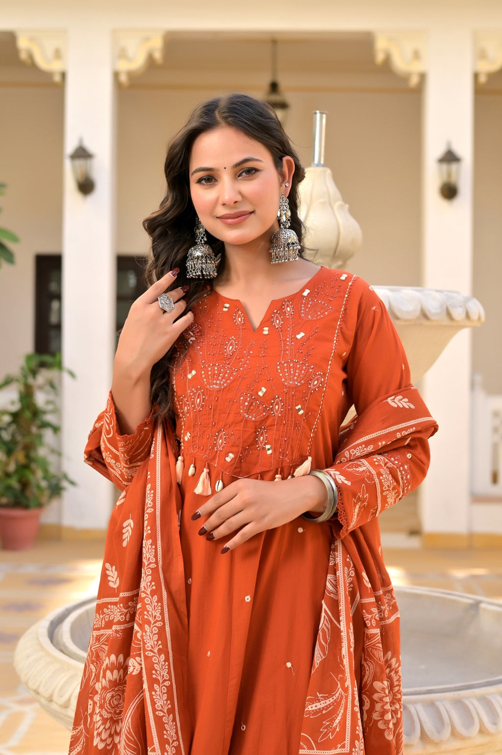 Gindly Elegant Rust Printed Anarkali Suit Set for Women