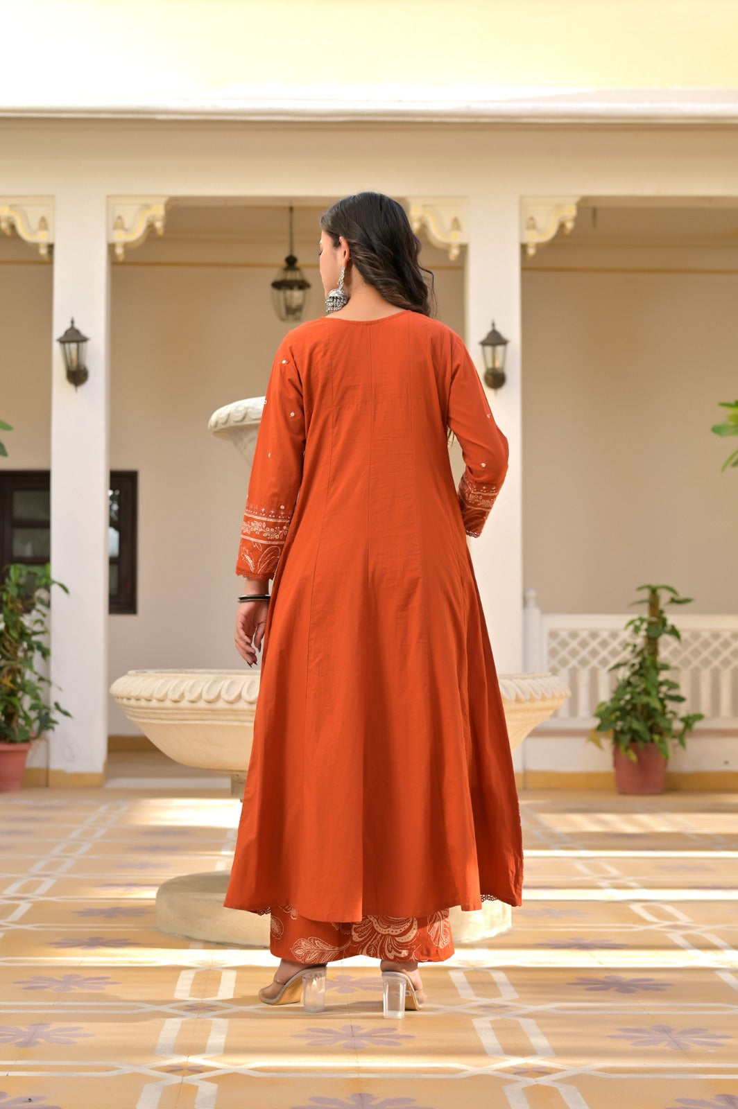Gindly Elegant Rust Printed Anarkali Suit Set for Women