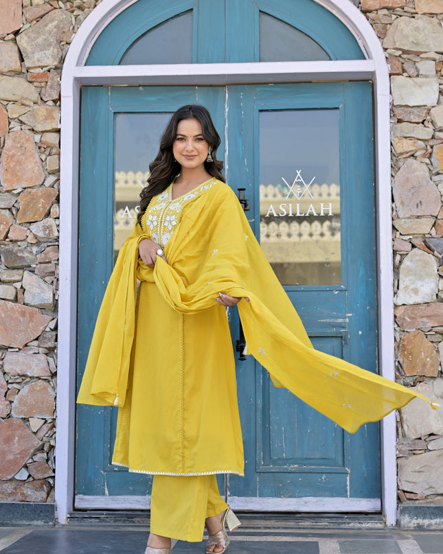 Gindly Pure Cotton Embroidered Kurta Palazzo Set With Dupatta