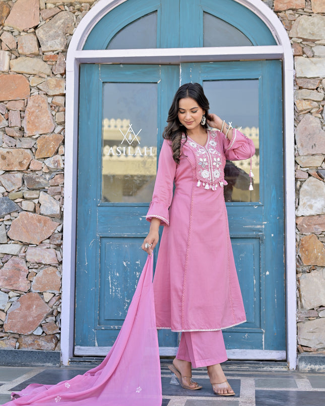 Gindly Pure Cotton Embroidered Kurta Palazzo Set With Dupatta
