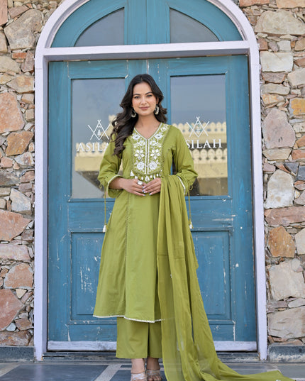 Gindly Pure Cotton Embroidered Kurta Palazzo Set With Dupatta