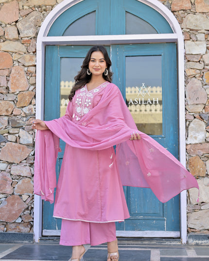 Gindly Pure Cotton Embroidered Kurta Palazzo Set With Dupatta