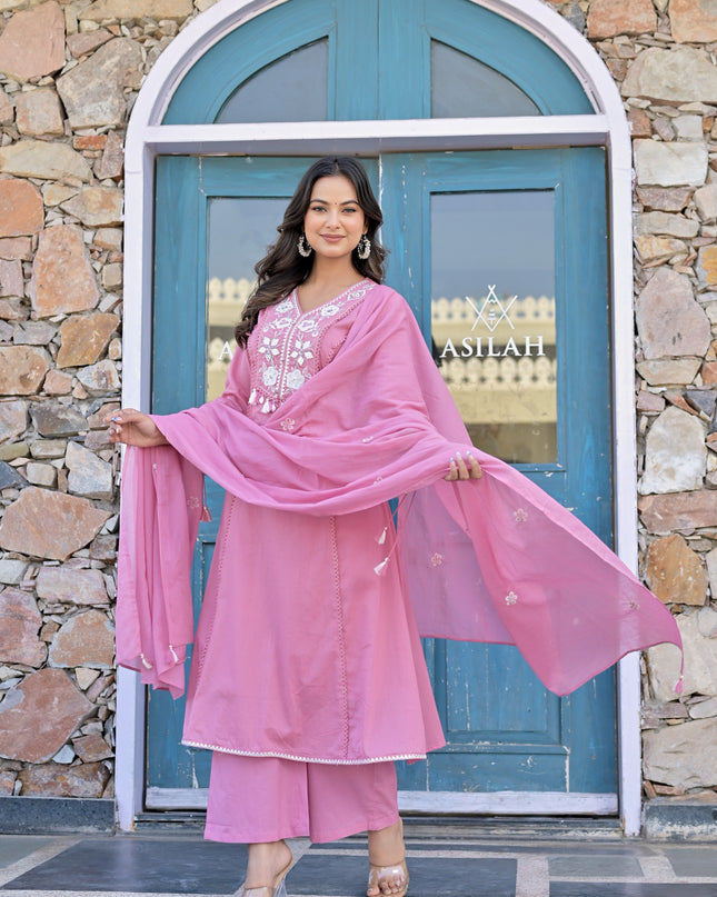 Gindly Pure Cotton Embroidered Kurta Palazzo Set With Dupatta