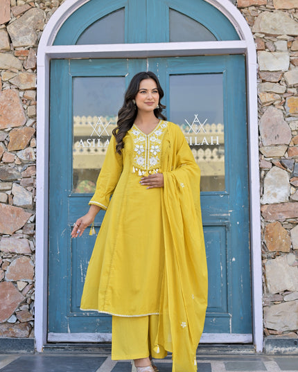Gindly Pure Cotton Embroidered Kurta Palazzo Set With Dupatta