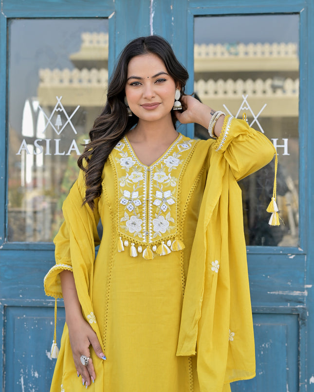 Gindly Pure Cotton Embroidered Kurta Palazzo Set With Dupatta