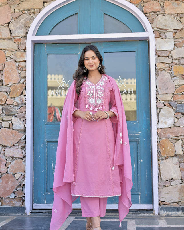 Gindly Pure Cotton Embroidered Kurta Palazzo Set With Dupatta