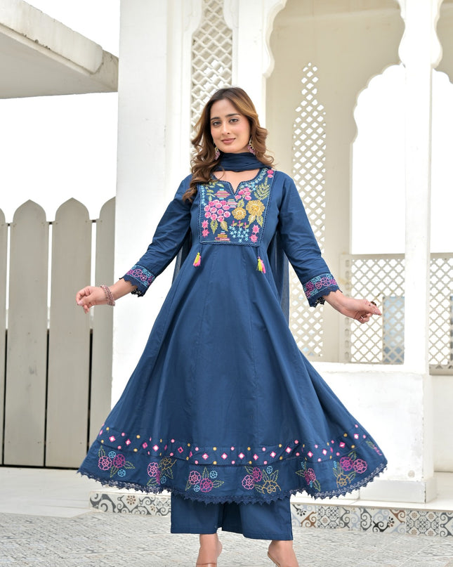 Gindly Pure Cotton Embroidered Kurta Palazzo Set With Dupatta