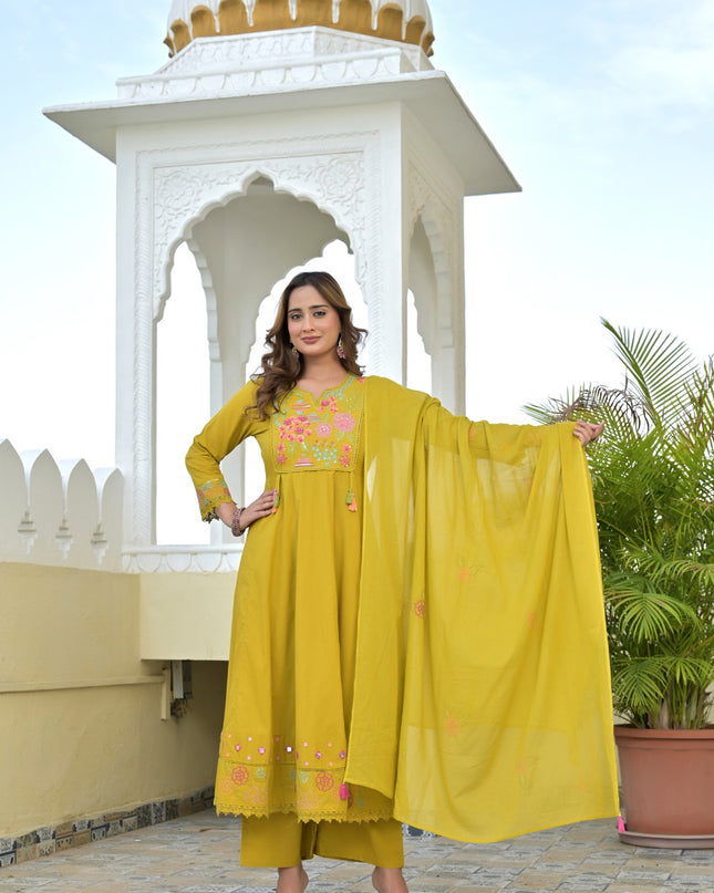 Gindly Pure Cotton Embroidered Kurta Palazzo Set With Dupatta