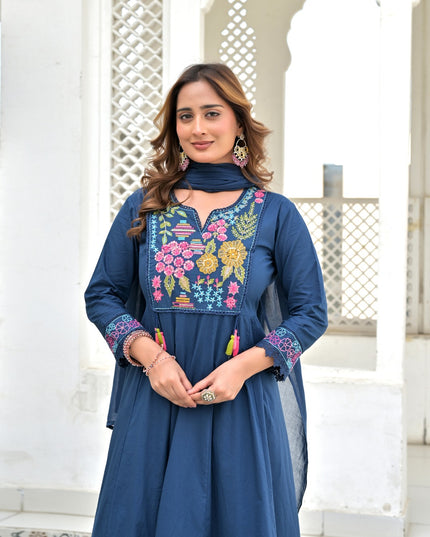 Gindly Pure Cotton Embroidered Kurta Palazzo Set With Dupatta