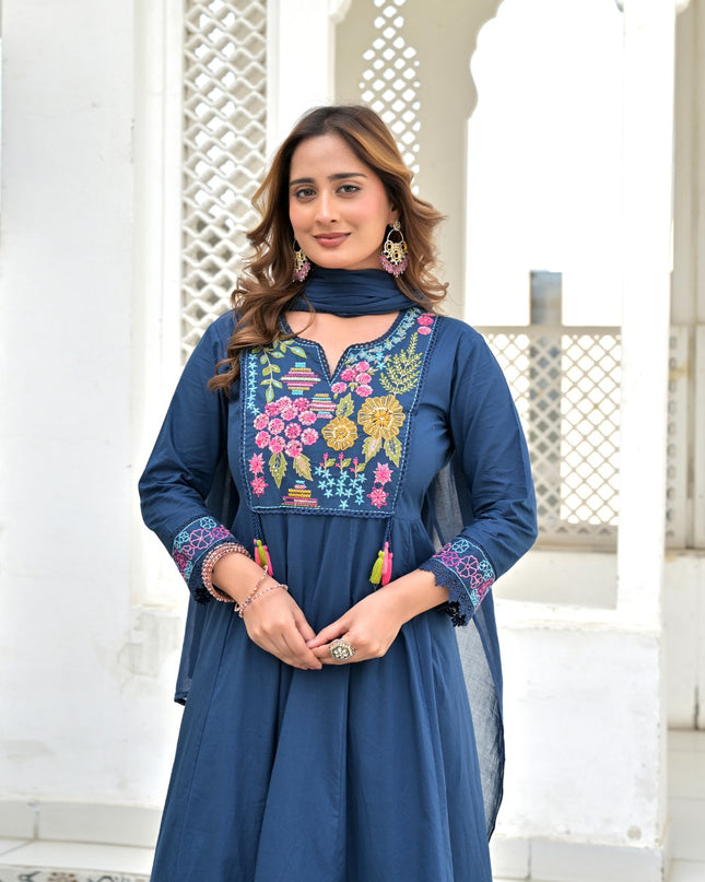 Gindly Pure Cotton Embroidered Kurta Palazzo Set With Dupatta