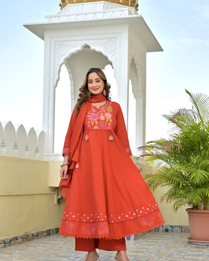 Gindly Pure Cotton Embroidered Kurta Palazzo Set With Dupatta