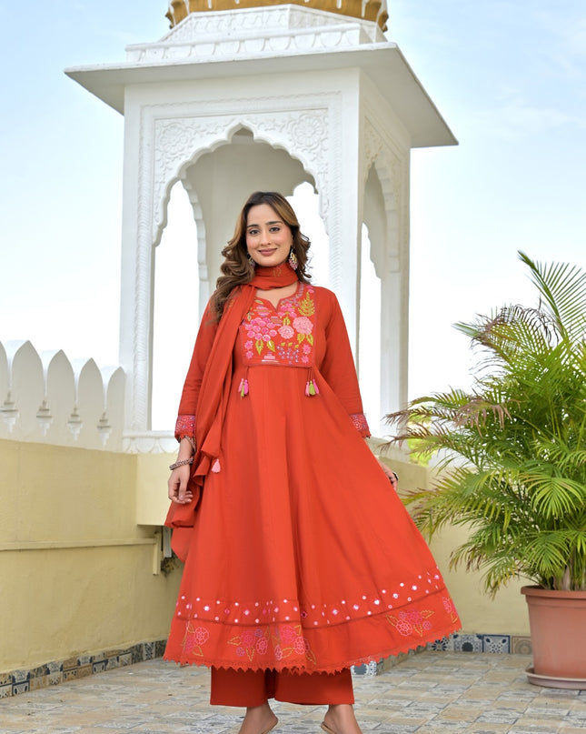 Gindly Pure Cotton Embroidered Kurta Palazzo Set With Dupatta