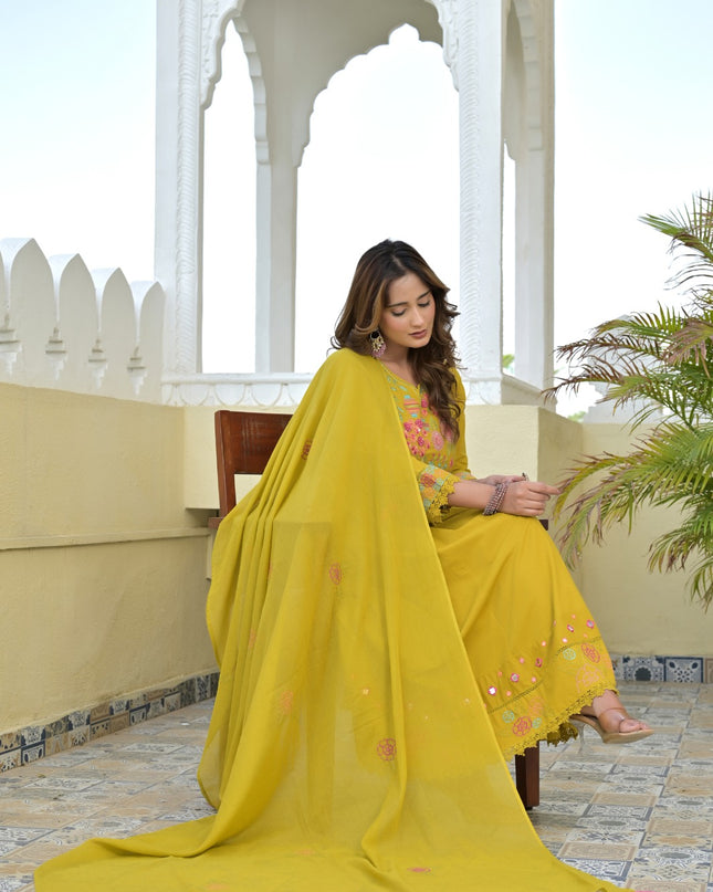 Gindly Pure Cotton Embroidered Kurta Palazzo Set With Dupatta
