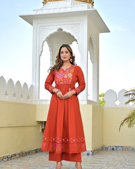 Gindly Pure Cotton Embroidered Kurta Palazzo Set With Dupatta