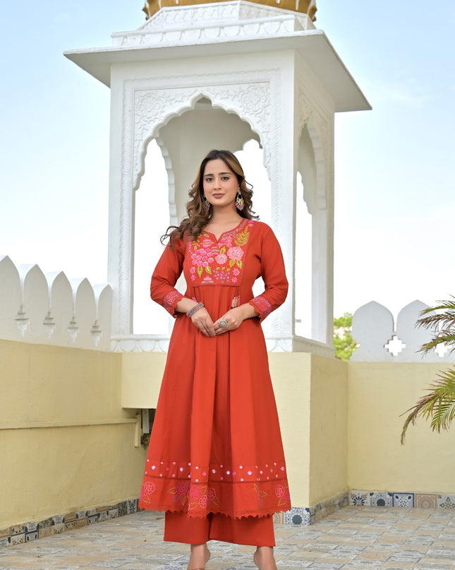 Gindly Pure Cotton Embroidered Kurta Palazzo Set With Dupatta