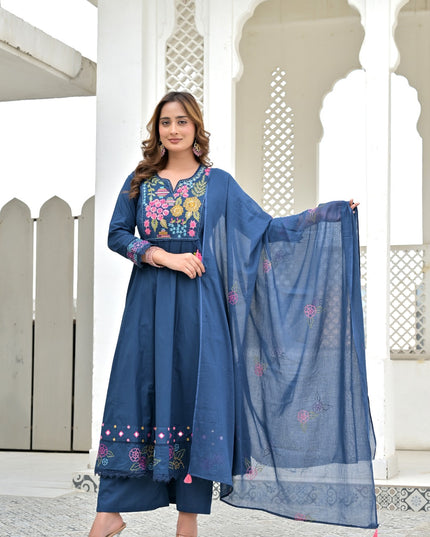 Gindly Pure Cotton Embroidered Kurta Palazzo Set With Dupatta