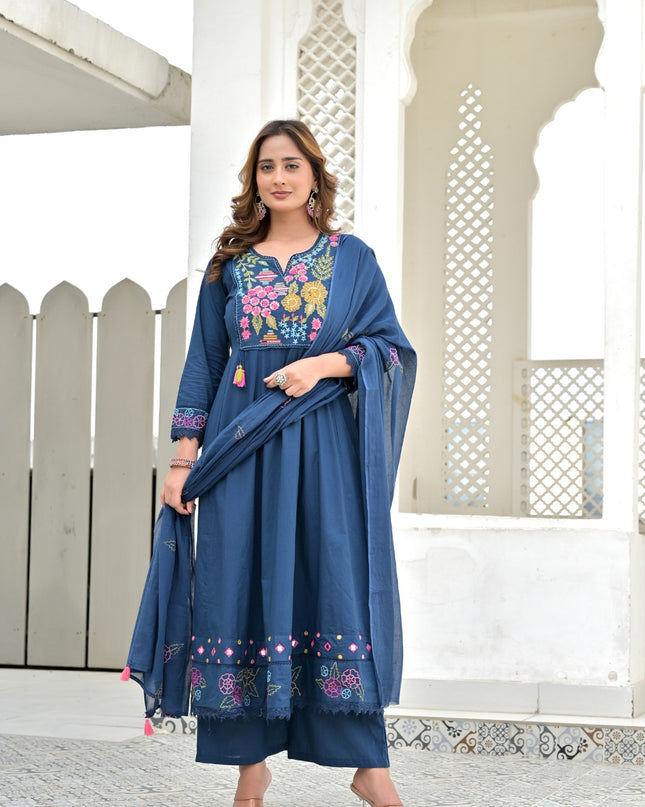 Gindly Pure Cotton Embroidered Kurta Palazzo Set With Dupatta