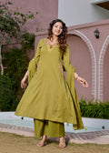 Gindly Green Floral Embroidery A Line Kurti