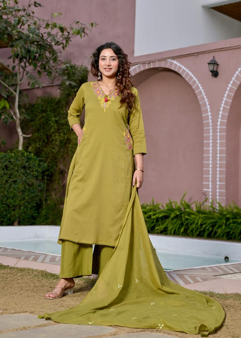 Gindly Green Floral Embroidery A Line Kurti