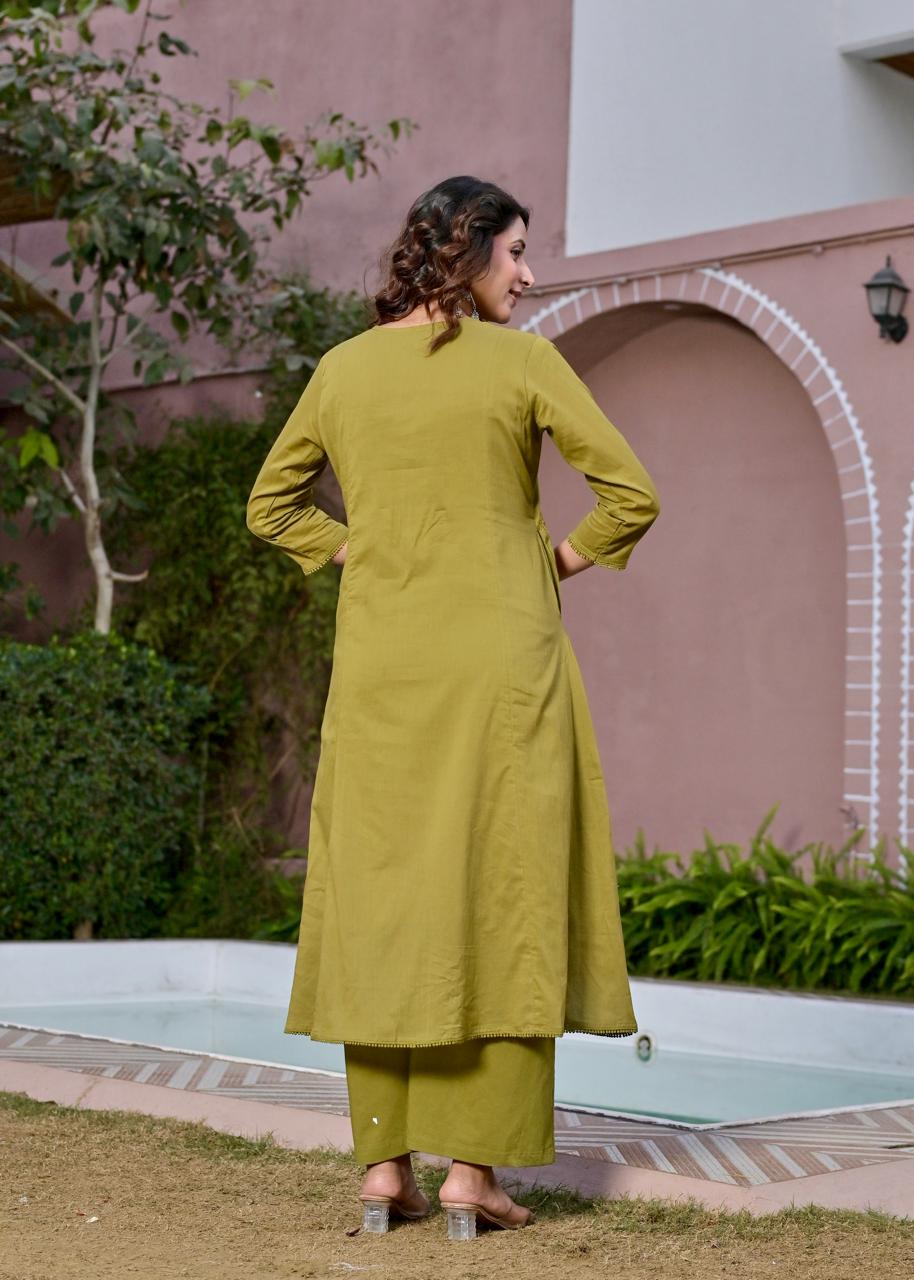 Gindly Green Floral Embroidery A Line Kurti