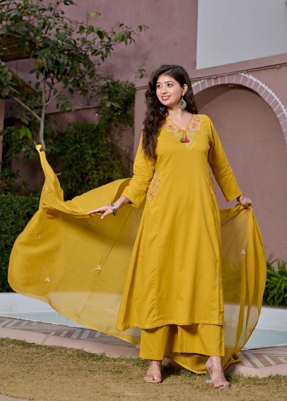 Gindly Yellow Floral Embroidery A Line Kurti
