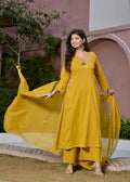 Gindly Yellow Floral Embroidery A Line Kurti