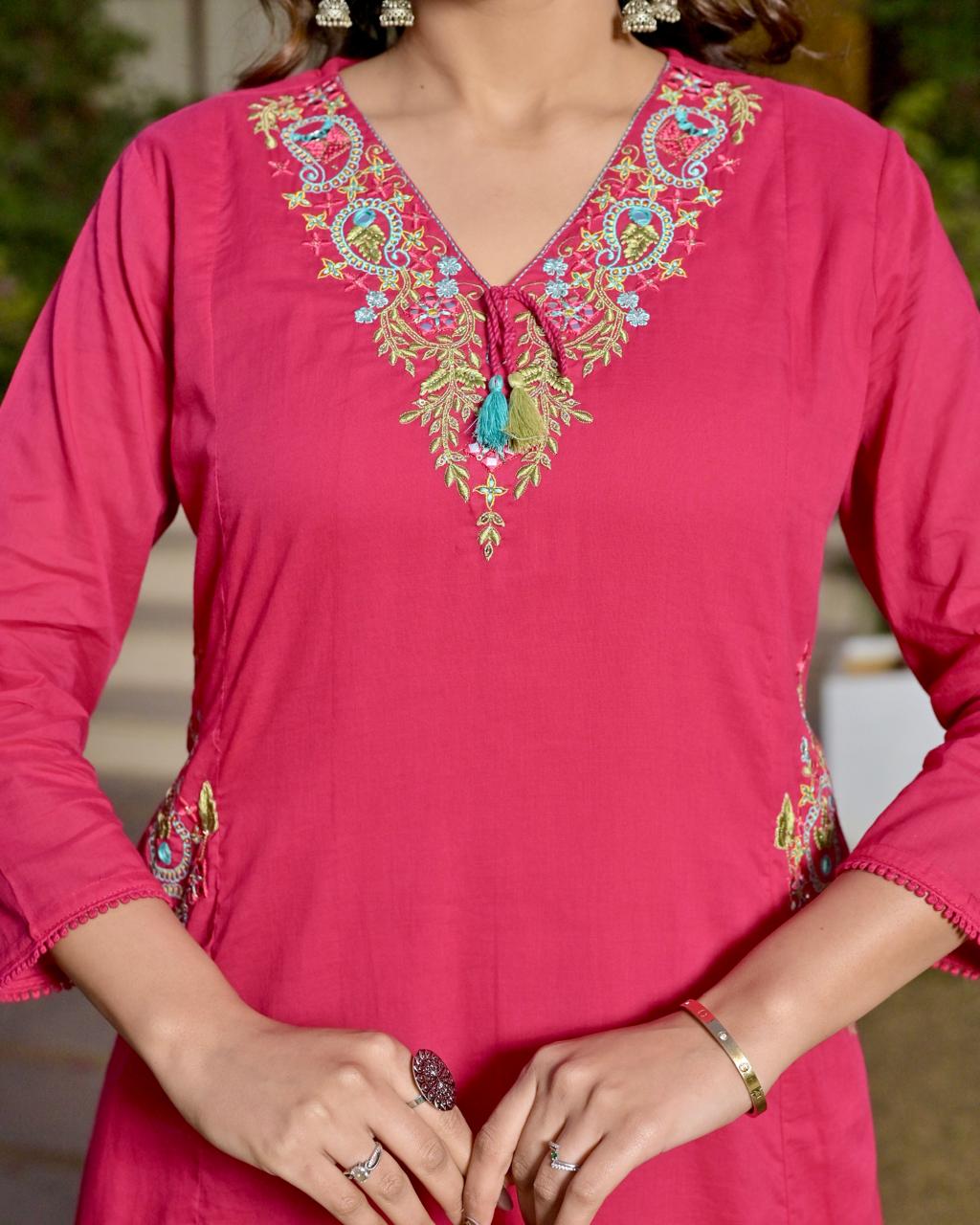 Gindly Pink Floral Embroidery A Line Kurti