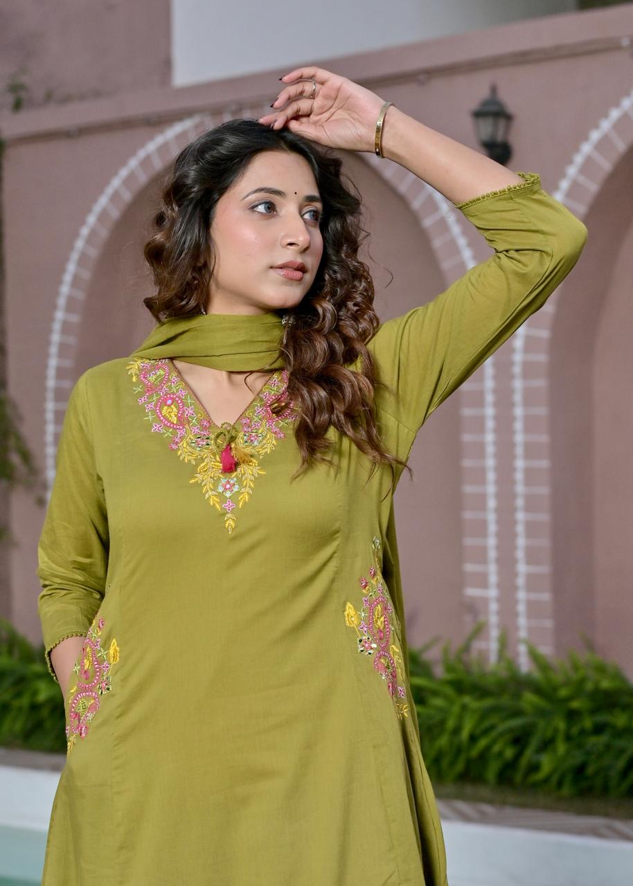 Gindly Green Floral Embroidery A Line Kurti
