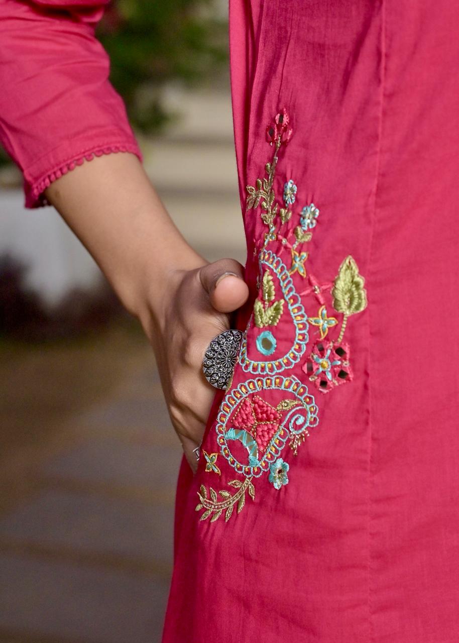 Gindly Pink Floral Embroidery A Line Kurti
