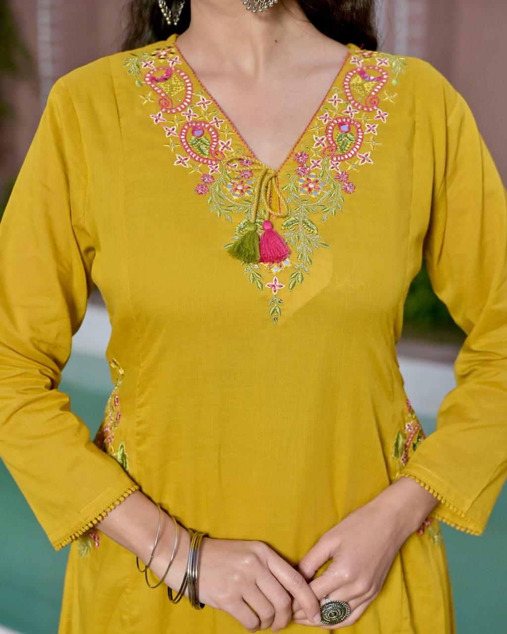 Gindly Yellow Floral Embroidery A Line Kurti