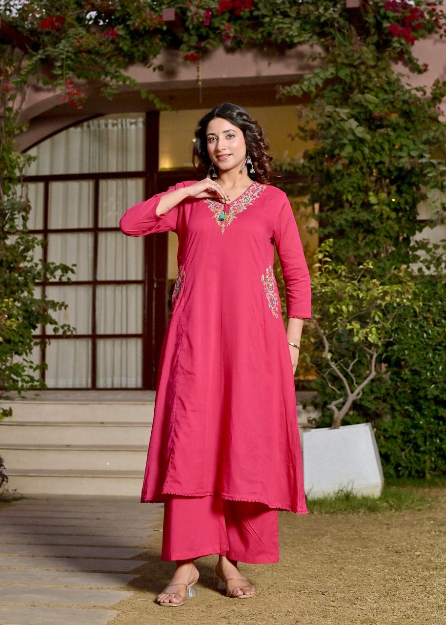 Gindly Pink Floral Embroidery A Line Kurti