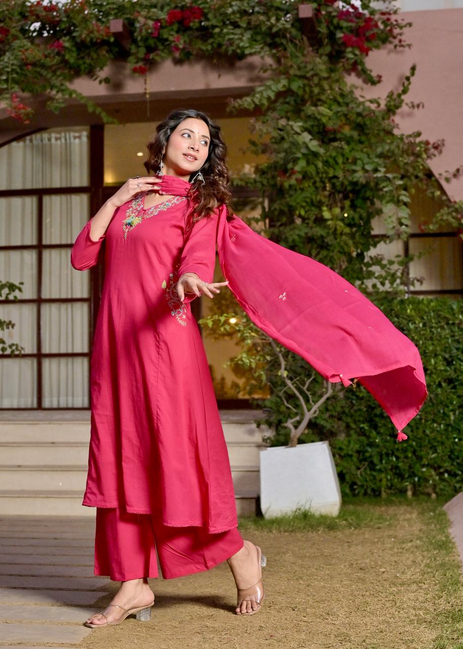 Gindly Pink Floral Embroidery A Line Kurti
