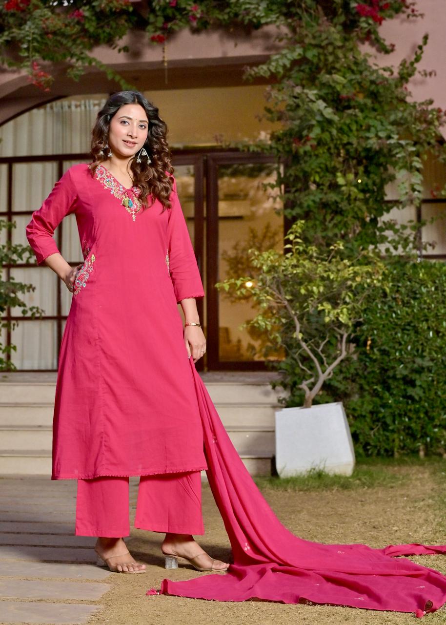 Gindly Pink Floral Embroidery A Line Kurti