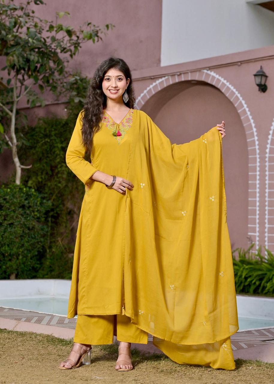 Gindly Yellow Floral Embroidery A Line Kurti