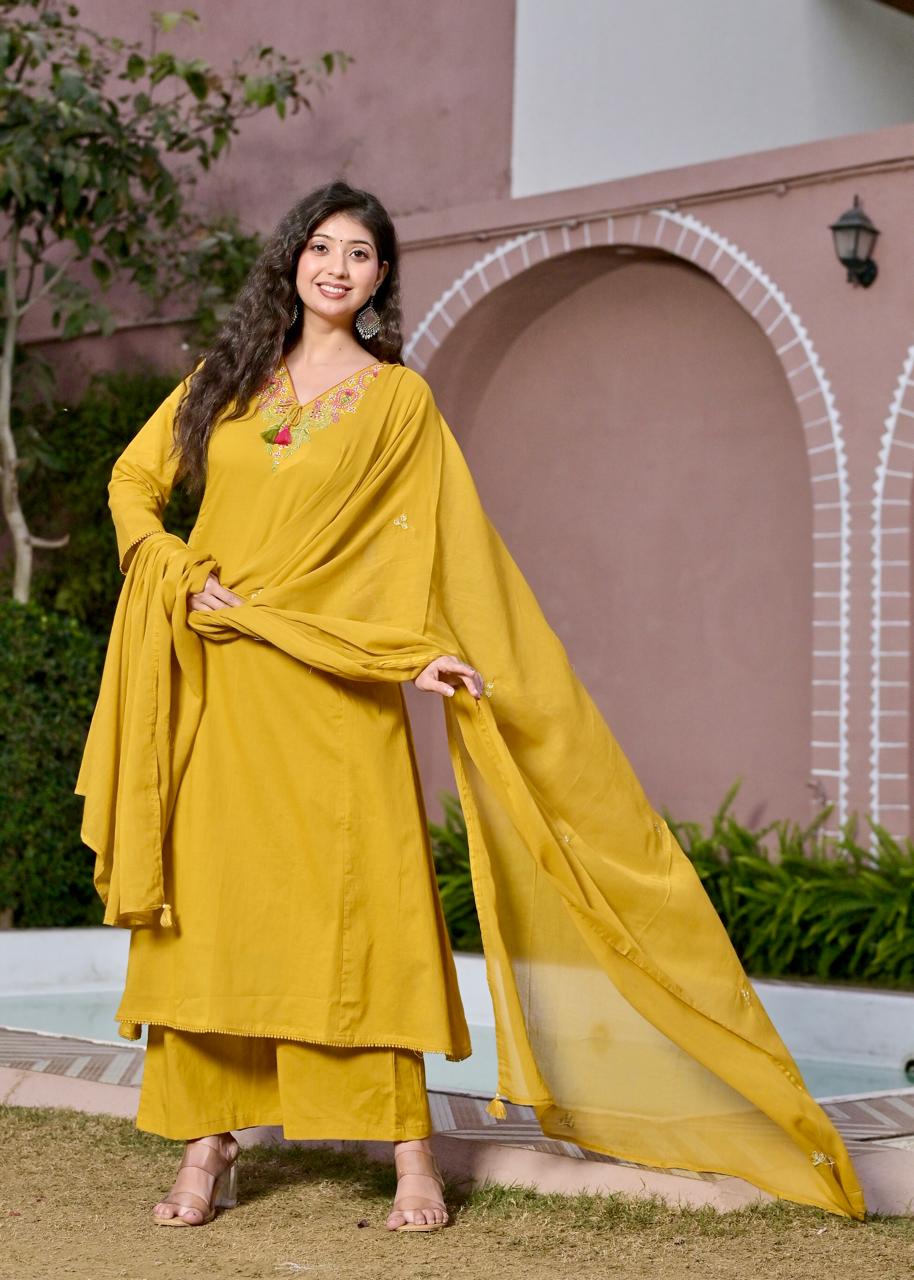 Gindly Yellow Floral Embroidery A Line Kurti