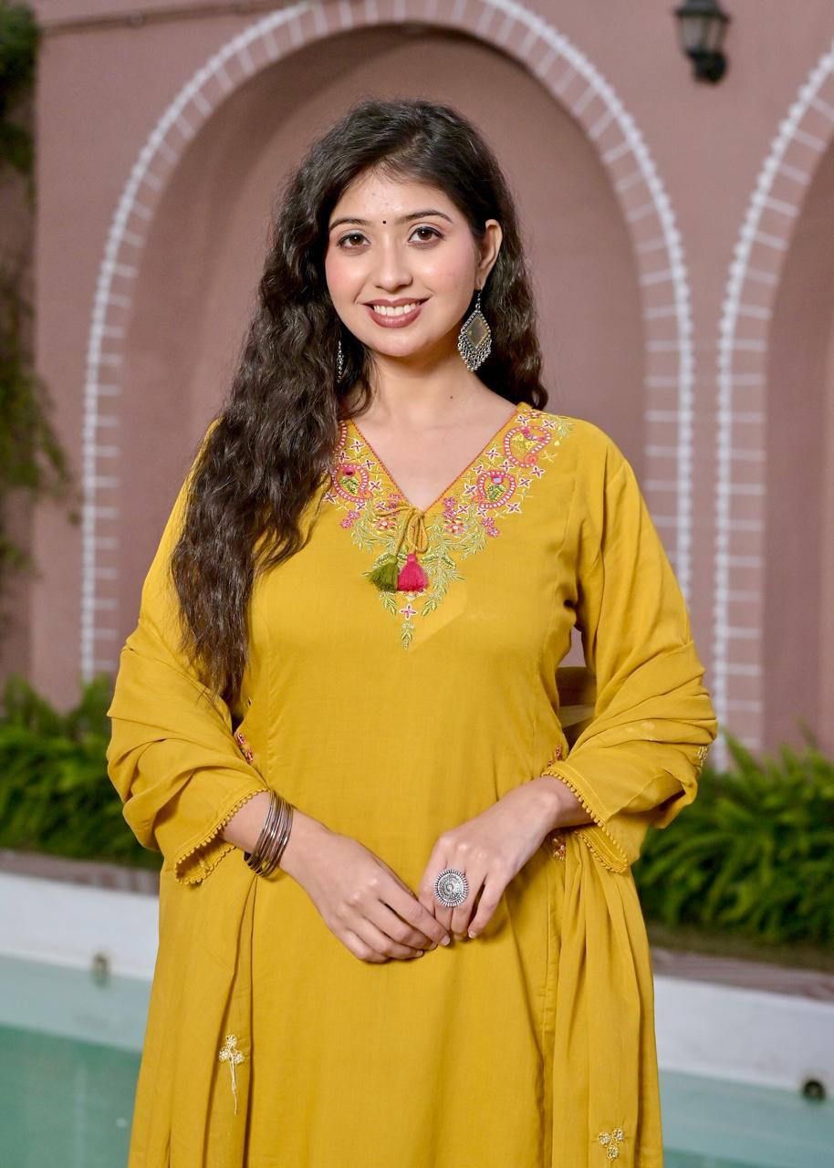 Gindly Yellow Floral Embroidery A Line Kurti