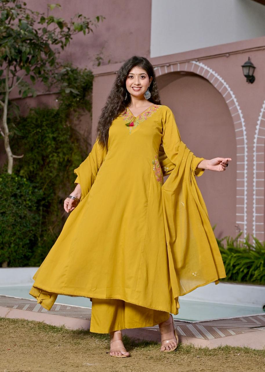Gindly Yellow Floral Embroidery A Line Kurti