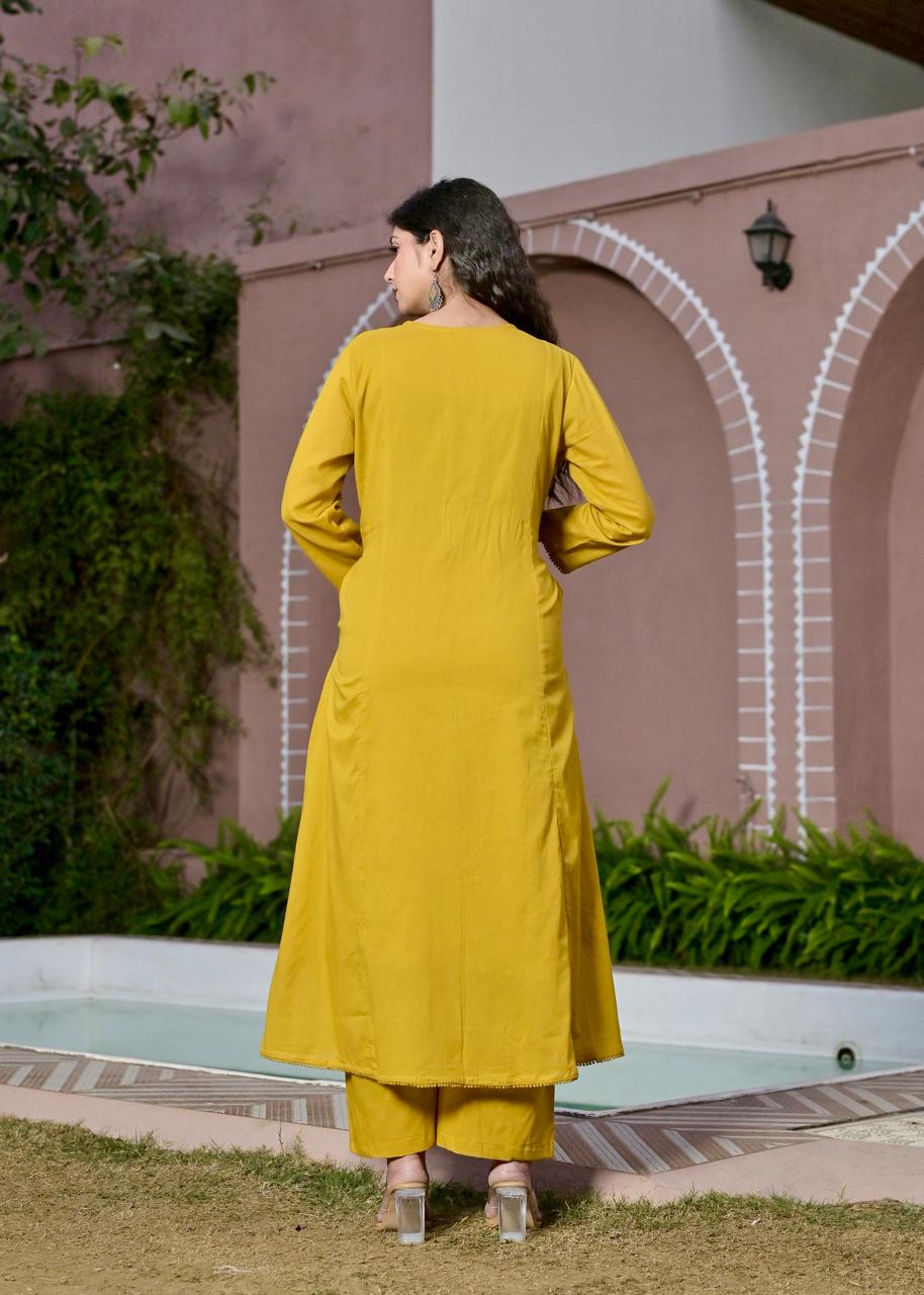 Gindly Yellow Floral Embroidery A Line Kurti