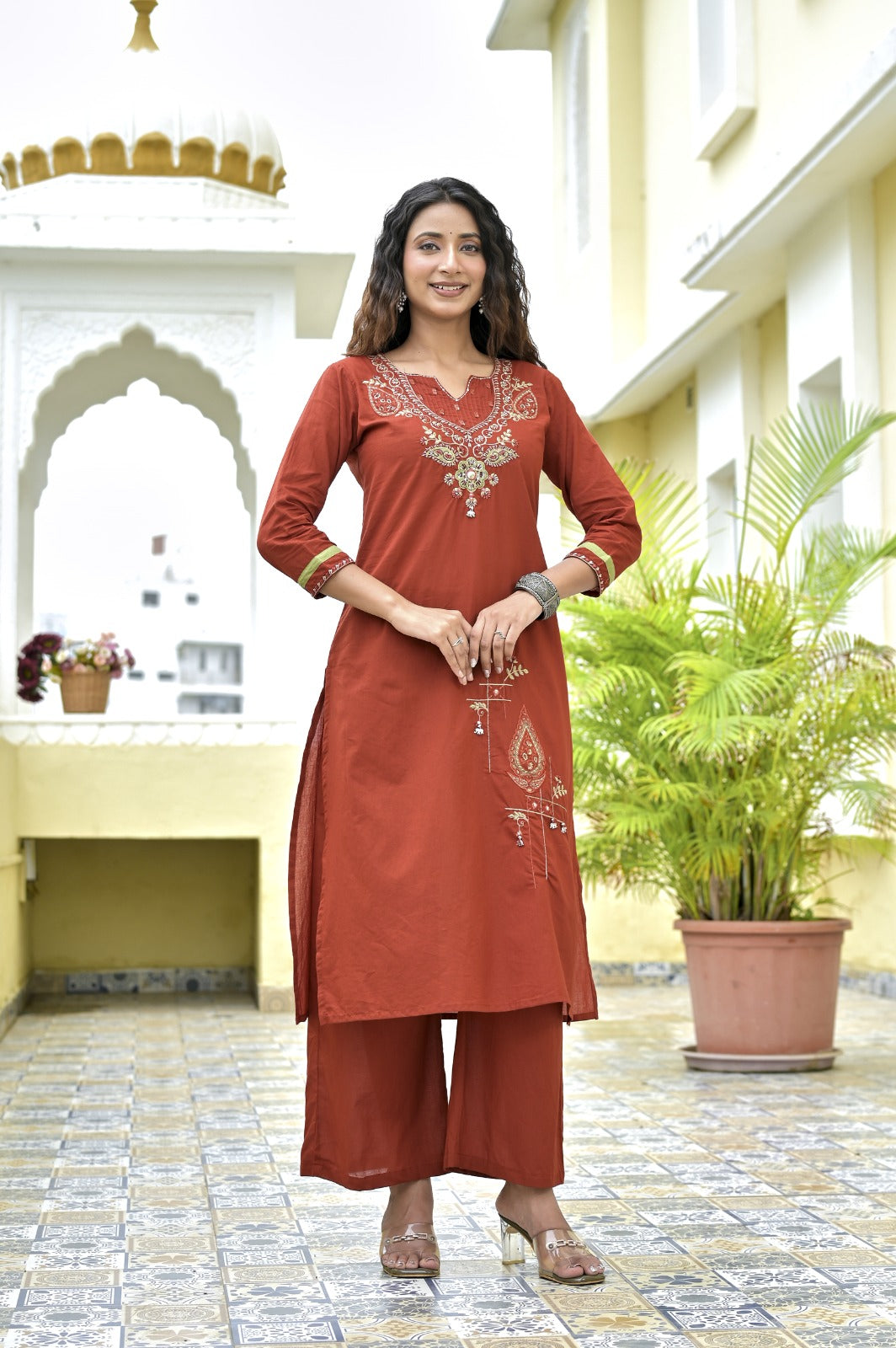 Gindly Maroon Floral Embroidery A Line Kurti