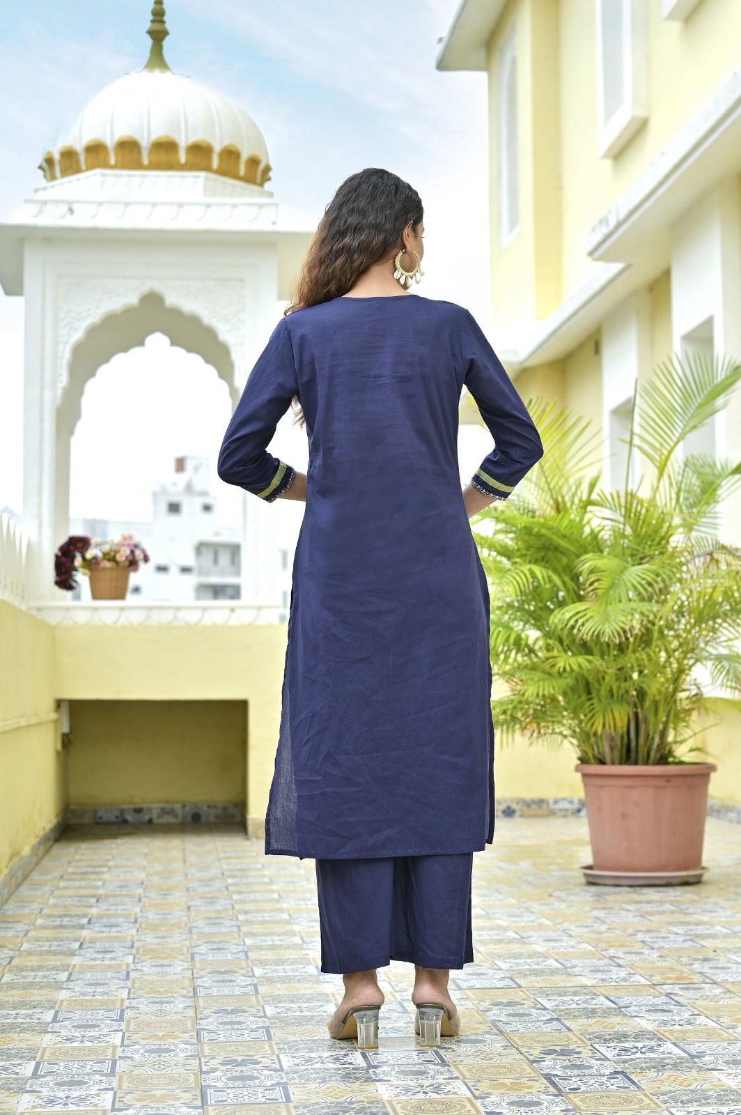 Gindly Blue Floral Embroidery A Line Kurti