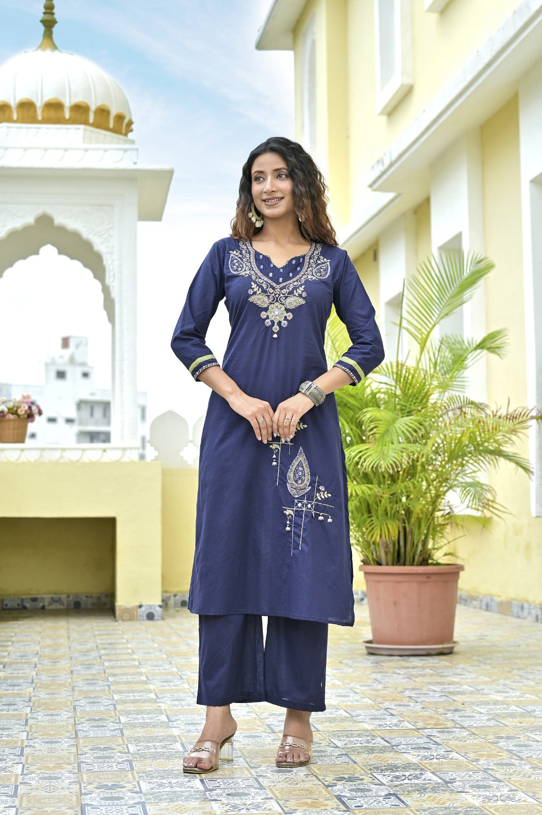 Gindly Blue Floral Embroidery A Line Kurti