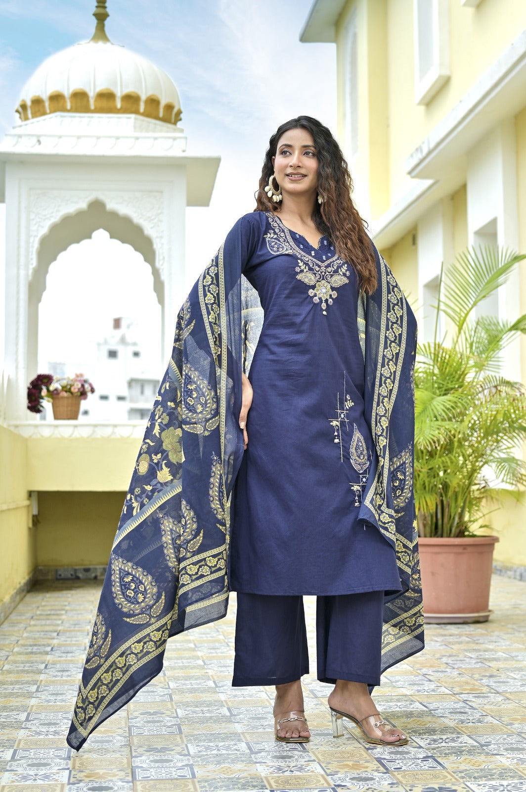 Gindly Blue Floral Embroidery A Line Kurti