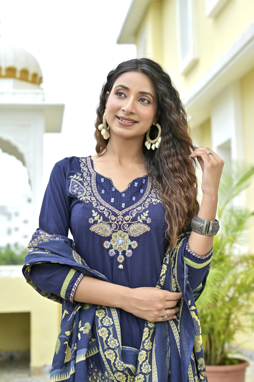 Gindly Blue Floral Embroidery A Line Kurti