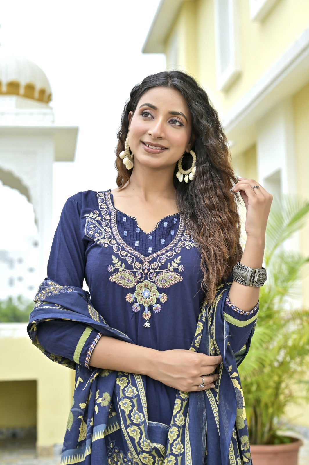 Gindly Blue Floral Embroidery A Line Kurti