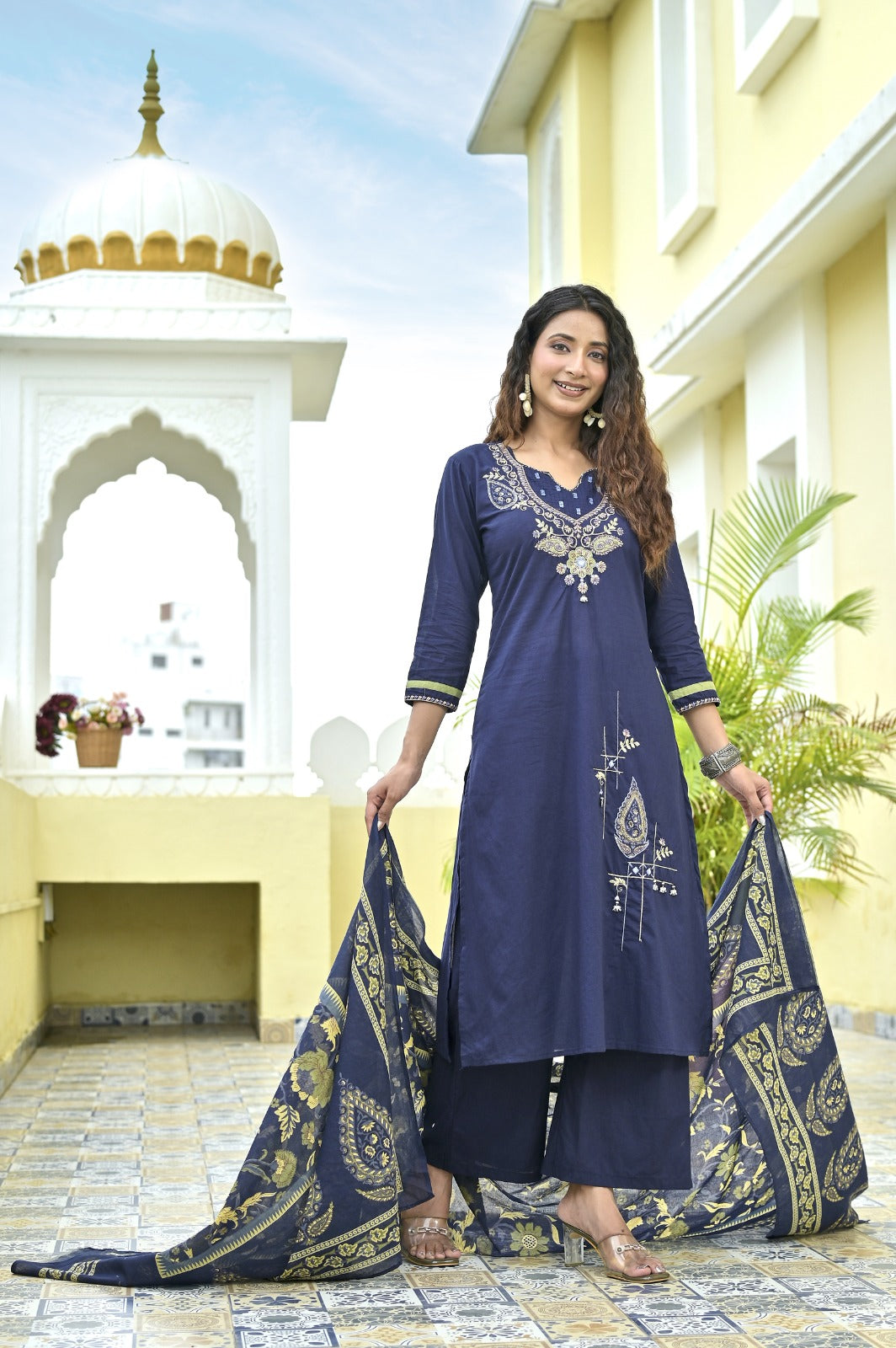 Gindly Blue Floral Embroidery A Line Kurti