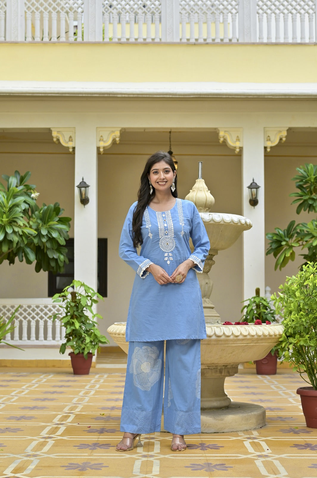 Gindly Grace Blue Embroidered Straight Kurti