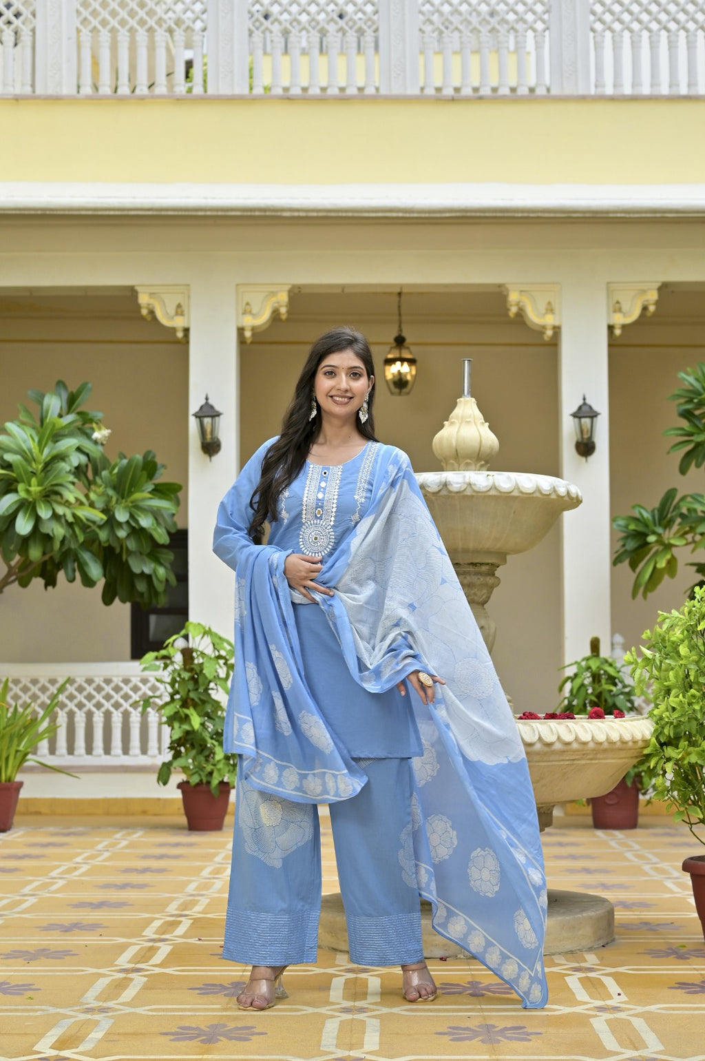 Gindly Grace Blue Embroidered Straight Kurti